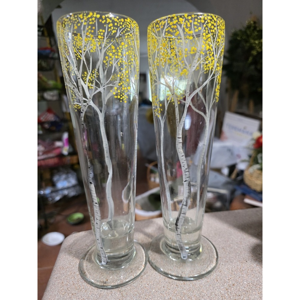 Hand-Painted Birch Tree Pilsner Glasses‎ Set of 2 Autumn Yellow Forest Design - Picture 2 of 7